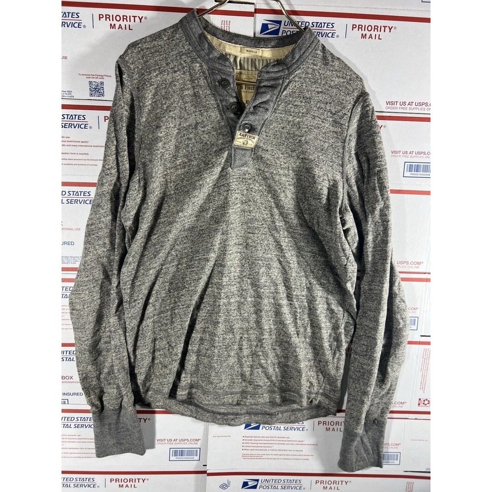 Vintage Abercrombie & Fitch Grey‎ Knit Henley Muscle Fit Shirt Men's Sz XL